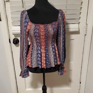 Superfox Blue and Red Smocked Floral Blouse